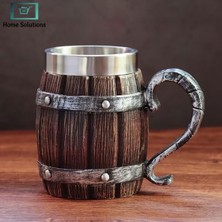 Hediye Vakti Ahşap Fıçı Görünümlü 380 ml Içi Çelik Kupa Bardak - Viking ve Orta Çağ Temalı Rustik Kupa