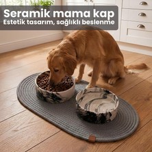 Premium 3'lü Evcil Hayvan Mama Kabı Seti 2 Adet Lüks Mermer Desenli Seramik Kase ve 1 Adet Oval Örgü Jüt Paspas, Kedi ve Köpek Su Yemek Tabağı Seti (S