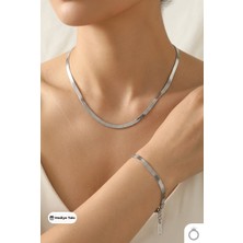 Mavega Kadın Çelik Italyan Zincir Kolye Bileklik Set 316L Paslanmaz Kararmaz Gümüş Silver 40+5 cm 18+5 cm