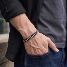 Semtim Kuyumculuk 316L Çelik Sertifikalı Semtim Wave Gümüş Dalga Detaylı Siyah Örgü Çelik Erkek Bileklik Sertifikalı, Özel Kutulu, Hediye Paketli