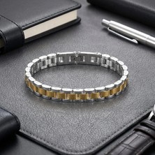 Semtim Kuyumculuk 316L Çelik Sertifikalı Semtim Regent Gold & Gümüş Çift Renk Metal Kordon Tasarımlı Erkek Bileklik Sertifikalı, Özel Kutulu, Hediye Paketli