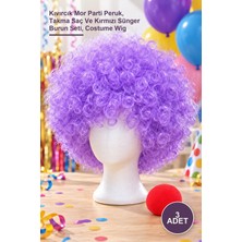 Yenilig 3 Adet Afro Bonus Peruk – Kıvırcık Mor Parti Peruk, Takma Saç ve Kırmızı Sünger Burun Seti, Costume Wig