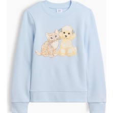 Gap Kız Çocuk Açık Mavi Bisiklet Yaka Grafik Baskılı Sweatshirt