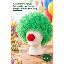 Yenilig 4 Adet Yeşil Kıvırcık Afro Peruk – Astarlı Parti Peruk, Takma Saç ve Kırmızı Sünger Burun Seti, Wig