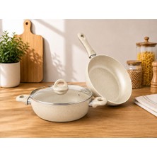 btpeak Çetcook Granit 2'lı Set 24 cm Karnıyarık 24 cm Tava Krem
