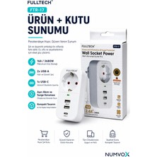 Isıya Duyarlı Devre ve Akım Korumalı Priz 16A/250V 750 Joule 2 USB + 1 Type C 5V2.4A Tekli Priz