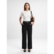Dilvin 72821 Kemerli Kıvrık Paça Pantolon-Siyah
