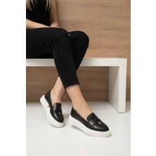 Shoetek   Aylisa Kadın Makosen Ayakkabı Püsküllü Siyah Deri
