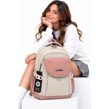 Harmela Suya Dayanıklı Kumaş Okul Çantası Unisex Günlük Okul Sırt Çantası Hrm - 2602 Bej-Pudra