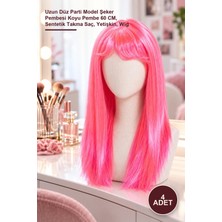 Yenilig 4 Adet Peruk – Uzun Düz Parti Model Şeker Pembesi Koyu Pembe 60 Cm, Sentetik Takma Saç, Yetişkin, Wig