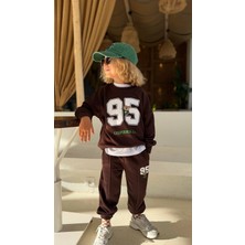 Cg Kids California 95 Baskılı Nakışlı Kahverengi Erkek Çocuk Sweatshirt ve Eşofman Altı 3 Iplik Alt Üst Takım