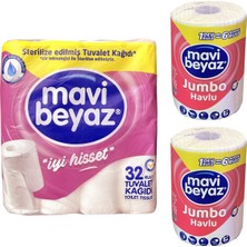 Mavi Beyaz Tuvalet Kağıdı, 32 Rulo, 2 Katlı ve 2 Adet Jumbo Havlu