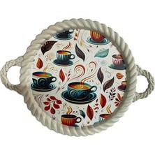 Lüks Dekoratif Plastik Tepsi Bukleli Çerçeve 35 x 35 Renkli Fincanlar Desenli