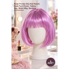 Yenilig 4 Adet Peruk – Rose Pembe Düz Küt Kesim Kısa Parti Peruk, Takma Saç, Short Wig, Sentetik