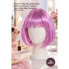 Yenilig 10 Adet Peruk – Rose Pembe Düz Küt Kesim Kısa Parti Peruk, Takma Saç, Short Wig, Sentetik