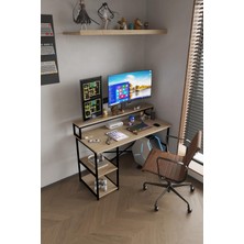 Bilgisayar Masası Oyuncu Masası Çalışma Masası 2 Raflı Metal Çalışma Masası Safir Meşe