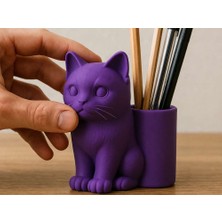 Bin1çeşit 3D Baskı Kedi Figürlü Kalemlik - Masaüstü Organizer - Mor