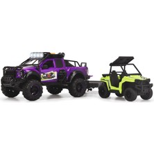 3'ü 1 Arada Sesli Işıklı Ford Raptor Arazi Aracı - Geri Çekilebilir Utv Motosiklet ve Eklemli Aksiyon Figürlü Kauçuk Lastikli Metalik Mor Off-Road Macera Oyun Seti Country Trail Set
