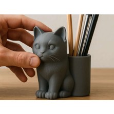 Bin1çeşit 3D Baskı Kedi Figürlü Kalemlik - Masaüstü Organizer - Gri