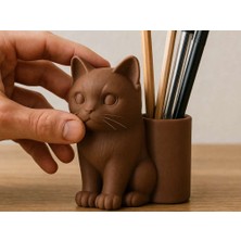 Bin1çeşit 3D Baskı Kedi Figürlü Kalemlik - Masaüstü Organizer - Kahverengi