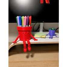 Bin1çeşit 3D Baskı Hareketli Gülen Kalemlik - Eklemli Masaüstü Organizer - Kırmızı