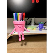 Bin1çeşit 3D Baskı Hareketli Gülen Kalemlik - Eklemli Masaüstü Organizer - Pembe