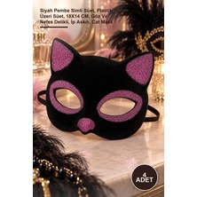 Yenilig 4 Adet Kedi Maskesi – Siyah Pembe Simli Süet, Plastik Üzeri Süet, 18X14 Cm, Göz ve Nefes Delikli, Ip Askılı, Cat Mask