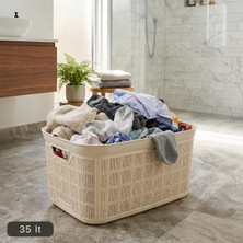 35 Lt Örgü Desenli Plastik Çamaşır Sepeti, Krem Rengi Temiz Çamaşır Selesi, Kulplu Büyük Boy Banyo ve Çamaşır Odası Düzenleyici Kirli ve Temiz Çamaşır Sepeti (Krem)