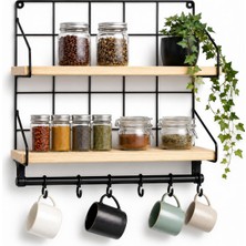 Sogud Mutfak Rafı - 2 Katlı Baharatlık ve 6'li Kupa Askısı - Duvar Tipi Metal Ahşap Mutfak Düzenleyici - 40X30X10 cm - Çay Kahve Organizeri - Çivi ve Vida Dahil Değildir