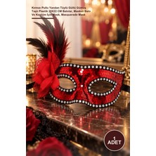 Yenilig 1 Adet Maske – Kırmızı Pullu Yandan Tüylü Güllü Gümüş Taşlı Plastik 20X22 cm Balolar, Maskeli Balo ve Kostüm Için Mask, Masquerade Mask
