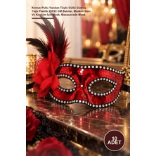 Yenilig 10 Adet Maske – Kırmızı Pullu Yandan Tüylü Güllü Gümüş Taşlı Plastik 20X22 cm Balolar, Maskeli Balo ve Kostüm Için Mask, Masquerade Mask
