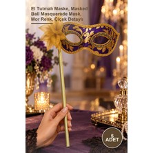 Yenilig 5 Adet Lüks Taşlı Saplı Maskeli Balo Maskesi – El Tutmalı Maske, Masked Ball Masquerade Mask, Mor Renk, Çiçek Detaylı