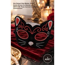 Yenilig 1 Adet Kadife Dokulu Kedi Maskesi – Sim Detaylı Süet Maske, Siyah Zemin Kırmızı ve Gümüş Işıltı, 20X13 Cm, Party Carnival Cat Mask