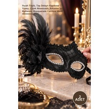 Yenilig 2 Adet Venedik Lüks Balo Maskesi – Siyah Tüylü, Taş Detaylı Kapitone Yüzey, Çiçek Aksesuarlı, Arkadan Ipli Kullanım, Masquerade Carnival Mask
