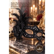 Yenilig 4 Adet Siyah Tüylü Balo Maskesi – Kadın Parti Aksesuarı, Taş Işlemeli Tüylü Maske, Balo ve Karnaval, Feather Mask