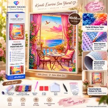 Hobby Mood Pembe Balkon Deniz Manzarası 5d Diamond Painting - Elmas Mozaik Tablo Boyama Hobi Seti Kiti - 40X50 cm