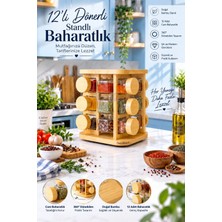 Decoform 12’li Dönerli Bambu Baharatlık Standı,12 Adet Cam Kavanozlu, Bambu Kapaklı Mutfak Baharat Düzenleyici