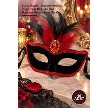 Yenilig 10 Adet Venedik Karnaval Maskesi – Tüylü Kadife Tasarımlı Kırmızı Siyah Taşlı Bağcıklı Göz Maskesi Masquerade Mask