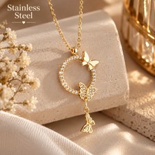 Stainless Steel Gold Renk Zirkon Taşlı Kelebek Detaylı Yuvarlak Tasarım Çelik Kolye