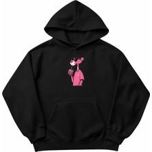Genosha Pembe Panther Baskılı Oversize Hoodie Kapüşonlu Sweatshirt