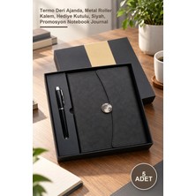 Yenilig 5 Adet Defter Kalem Seti – Termo Deri Ajanda, Metal Roller Kalem, Hediye Kutulu, Siyah, Promosyon Notebook Journal