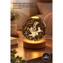 Yenilig 2 Adet Kedi ve Çiçek Motifli Cam Küre – Ahşap Altlıklı USB Kablosu Ile Çalışan Dekoratif Aydınlatma, Glass Globe, Cat Floral Ornament