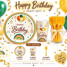 Dizayn Parti Evi Happy Birthday Doğum Günü Sofra Seti – 8 Tabak, 8 Bardak, 25 Sarı Çatal