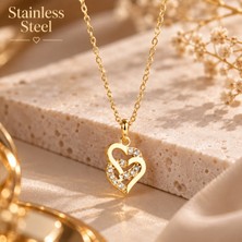 Stainless Steel Gold Renk Minimal Kalp Tasarımlı Zirkon Taşlı Çelik Kolye