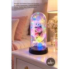 Yenilig 3 Adet Işıklı Müzikli Fanus – Ayıcıklı Gül Buketi Dekoratif Hediye ve Masa Süslemesi, Lighted Musical Dome, Teddy Bear Rose Bouquet