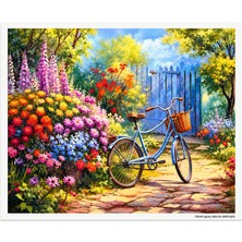 Hobby Mood Çiçekli Bahçe ve Bisiklet 5d Diamond Painting - Elmas Mozaik Tablo Boyama Hobi Seti Kiti - 40X50 cm