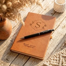 Loren Gift Isme Özel Kahverengi Çizgili Deri Defter ve Tükenmez Kalem