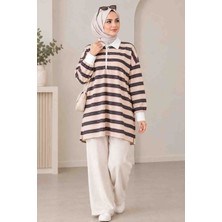 Tenfısı Kadın Çizgili Polo Yaka Sweatshirt Tunik – Düğme Detaylı Oversize Günlük Üst