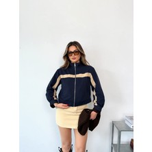 Meride Fashion Kadın Dik Yaka Fermuarlı Spor Bomber Ceket- 5067 S - Lacivert