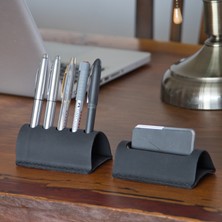Minimal X Design Deri Ofis Masa Seti - Gerçek Deri Masaüstü Kalemlik ve Kartvizitlik Seti - Minimal - El Yapımı